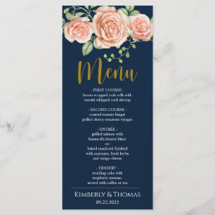 Navy Blue Gold Blush Floral Wedding Dinner Menu