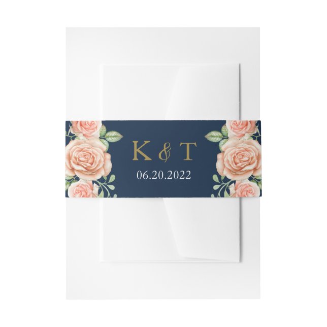 Navy Blue Gold Blush Floral Wedding Invitation Belly Band (Front Example)