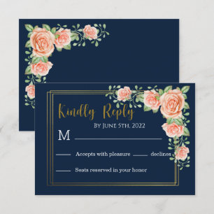 Navy Blue Gold Blush Floral Wedding RSVP Card
