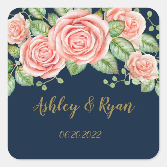 Navy Blue Gold Blush Floral Wedding Square Sticker (Front)
