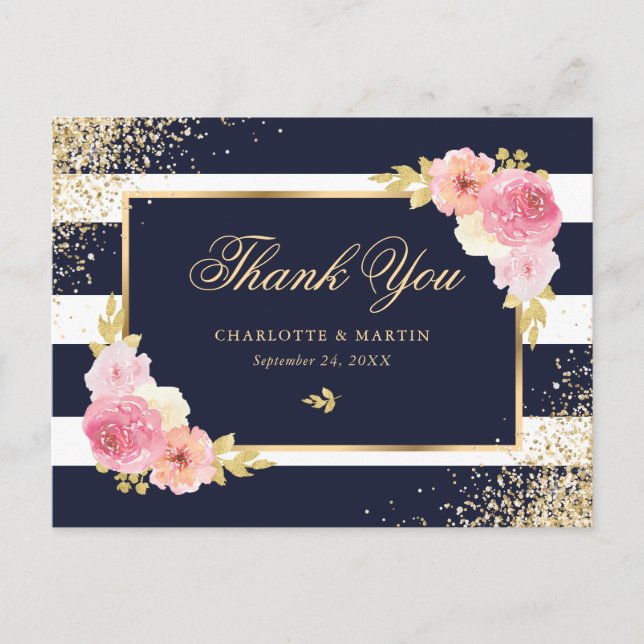 Navy Blue Gold Blush Floral Wedding Thank You Postcard (Front)