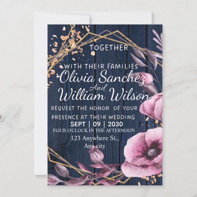 Navy Blue Gold Blush Pink Country Wedding Invitation (Front)