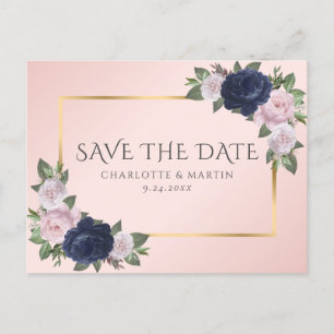 Navy Blue Gold Blush Pink Floral Save The Date Announcement Postcard