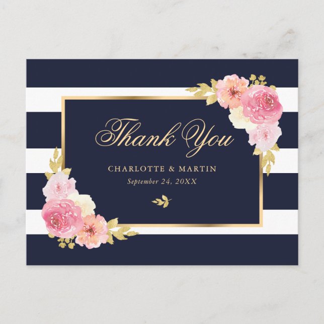 Navy Blue Gold Blush Pink Floral Thank You Postcard (Front)