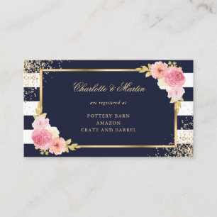Navy Blue Gold Blush Pink Floral Wedding Registry Enclosure Card