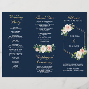 Navy Blue Gold Blush Tri-Fold Wedding Program Flyer