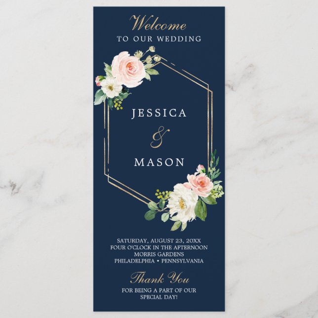 Navy Blue Gold Blush Wedding Program Programme (Front)
