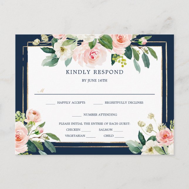 Navy Blue Gold Blush Wedding RSVP Postcard (Front)