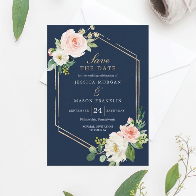 Navy Blue Gold Blush Wedding Save The Date Card (Creator Uploaded)
