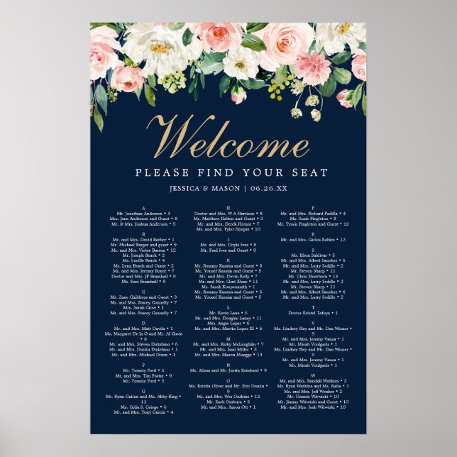 Navy Blue Gold Blush Wedding Seating Chart Sign (Front)