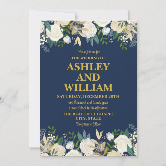 Navy Blue Gold Boho Bohemian Chic Greenery Wedding Invitation (Front)