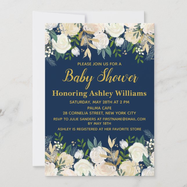 Navy Blue Gold Boho Botanical Greenery Baby Shower Invitation (Front)