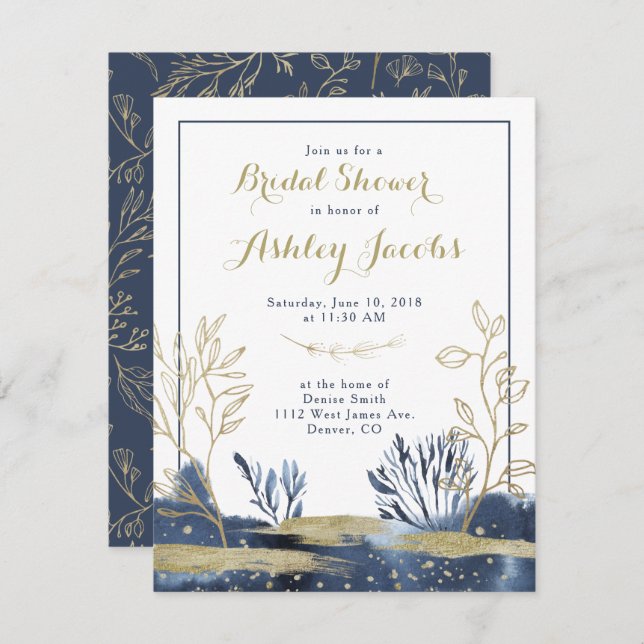 Navy Blue Gold Boho Floral Bridal Shower Invitation (Front/Back)