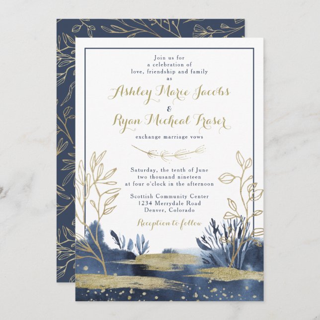 Navy Blue Gold Boho Floral Wedding Invitation (Front/Back)