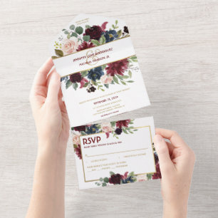 Navy Blue Gold Boho RSVP All in One Wedding Invite