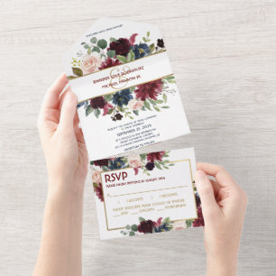 Navy Blue Gold Boho RSVP All in One Wedding Invite