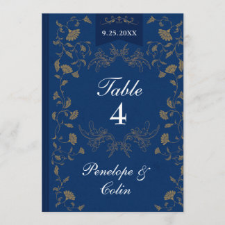 Navy Blue Gold Book Cover Wedding Table Number 