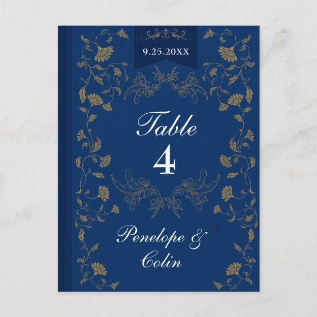 Navy Blue Gold Book Cover Wedding Table Number Postcard (Front)