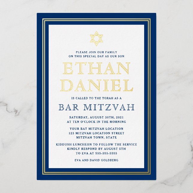 Navy blue gold border bar mitzvah Star of David (Front)