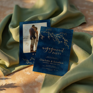 Navy Blue & Gold Botanical Engagement Party Invitation