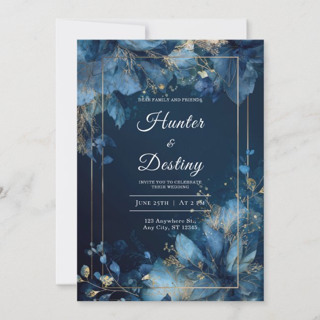 Navy Blue Gold Botanical Wedding Invitation (Front)