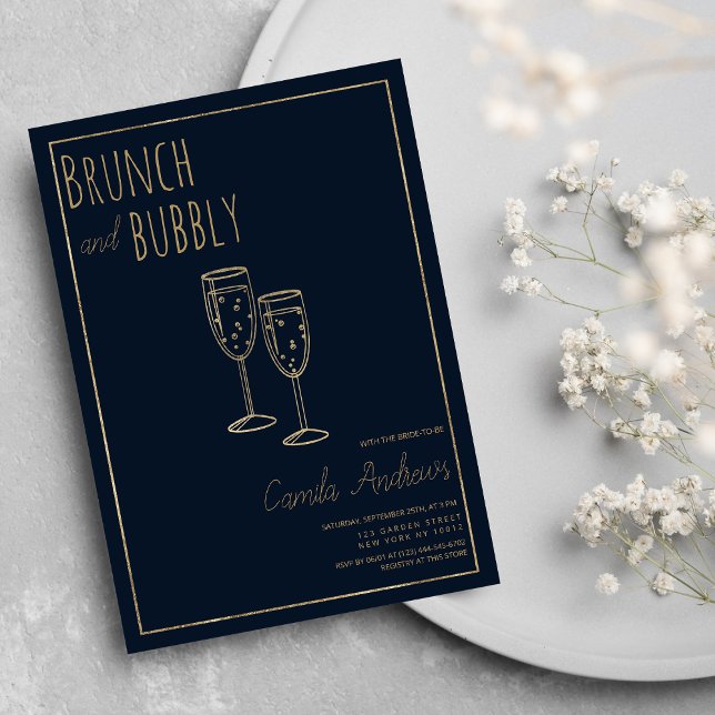 Navy Blue Gold Brunch and Bubbly Bridal Shower  Invitation (Navy Blue Gold Brunch and Bubbly Bridal Shower)