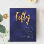 Navy blue gold budget 50th birthday invitation<br><div class="desc">A modern, stylish invitation for a 50th birthday party for both him and her. The blue colour is uneven. Navy blue background and the word Fifty written with large faux gold letters. Personalise and add a name and party details. White text. 1 sheet = 1 invitation printed edge to edge....</div>