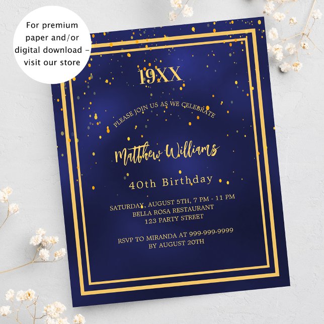 Navy blue gold budget birthday party invitation flyer (Creator Uploaded)