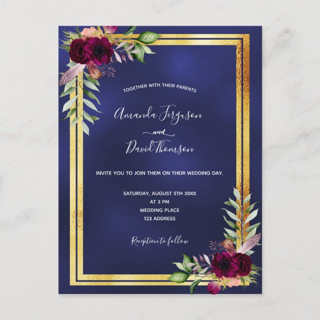 Navy blue gold burgundy florals wedding invitation postcard (Front)