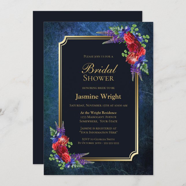 Navy Blue Gold Burgundy Rose Bridal Shower Invitation (Front/Back)