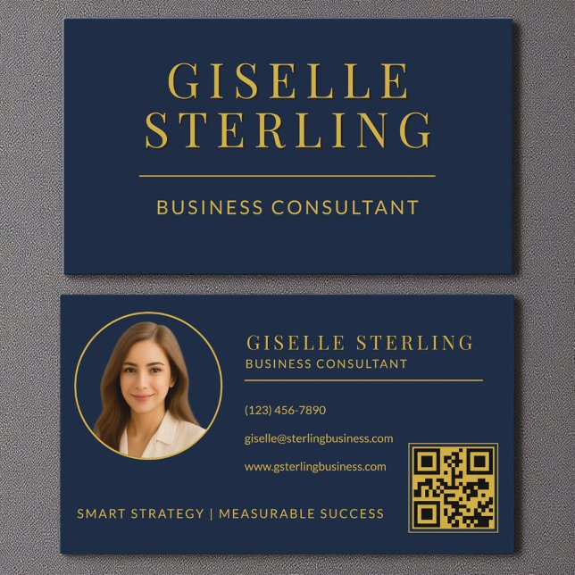 Navy Blue Gold Business Consultant Photo QR Code Business Card (Creator Uploaded)