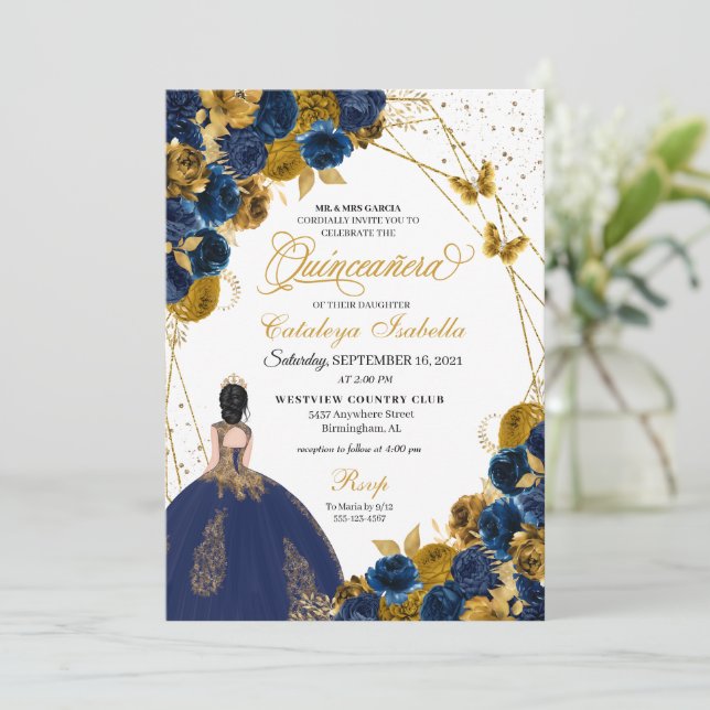 Navy Blue & Gold Butterfly Princess Quinceanera Invitation (Standing Front)