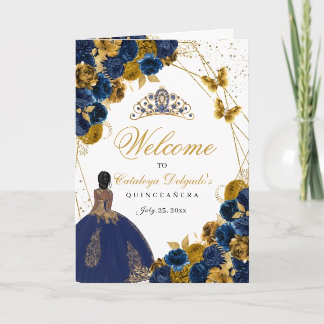 Navy Blue & Gold Butterfly Quinceanera Program Invitation (Front)