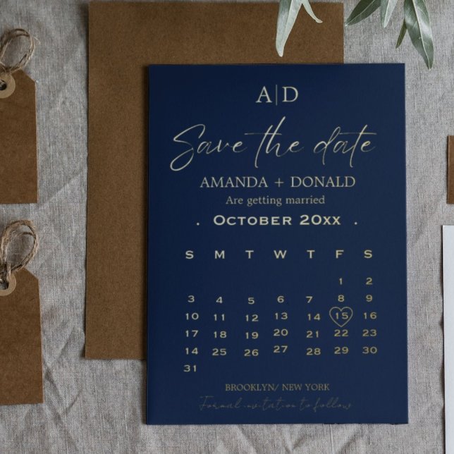 Navy Blue & Gold Calendar Wedding Save the date (Creator Uploaded)
