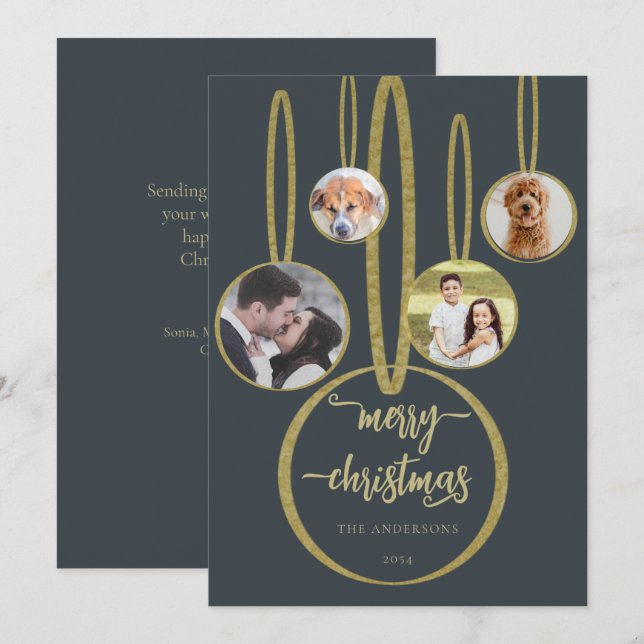 Navy Blue Gold Calligraphy Family Photo Christmas Holiday Card (Front/Back)