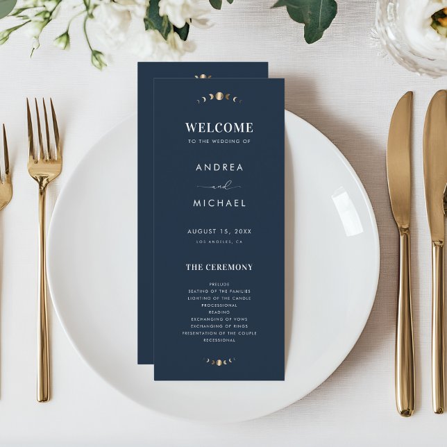 Navy Blue Gold Celestial Moon Cycle Mystic Wedding Programme (Creator Uploaded)