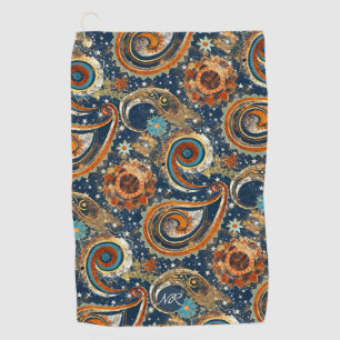 Navy Blue Gold Celestial Paisley Pattern Monogram Golf Towel