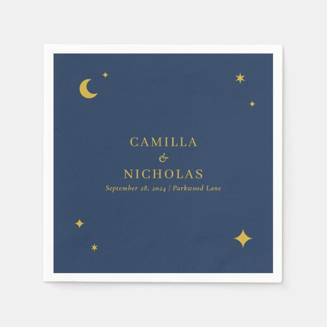 Navy Blue Gold Celestial Star Moon Simple Wedding Napkin (Front)