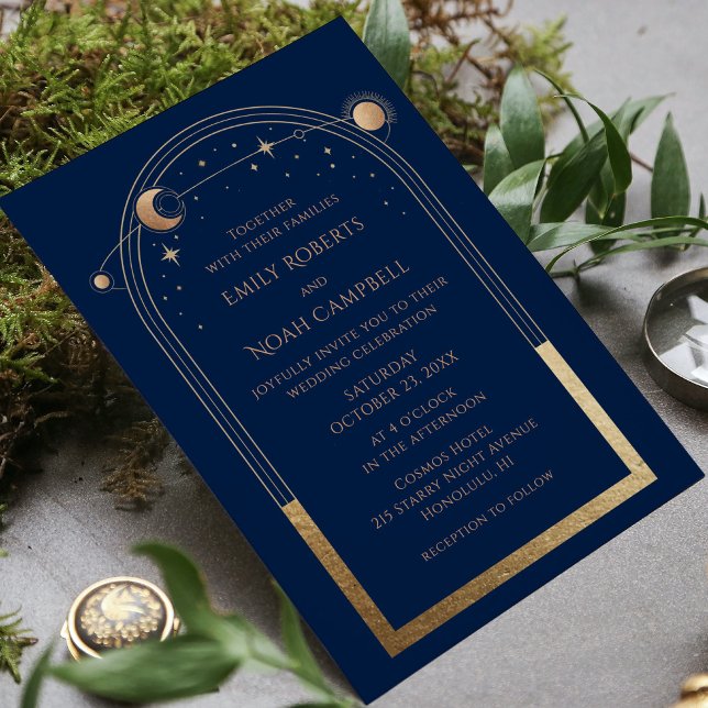 Navy Blue Gold Celestial Sun Moon Stars Wedding Invitation (Creator Uploaded)