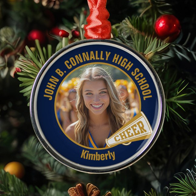 Navy Blue Gold Cheerleader Photo Christmas Metal Tree Decoration (Creator Uploaded)