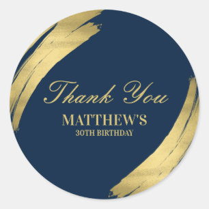 Navy Blue Gold Chic Elegant Birthday Thank you  Classic Round Sticker
