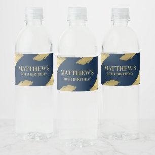 Navy Blue Gold Chic Elegant Birthday Water Bottle Label