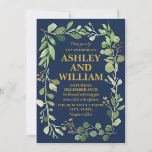 Navy Blue Gold Chic Greenery Boho Bohemian Wedding Invitation