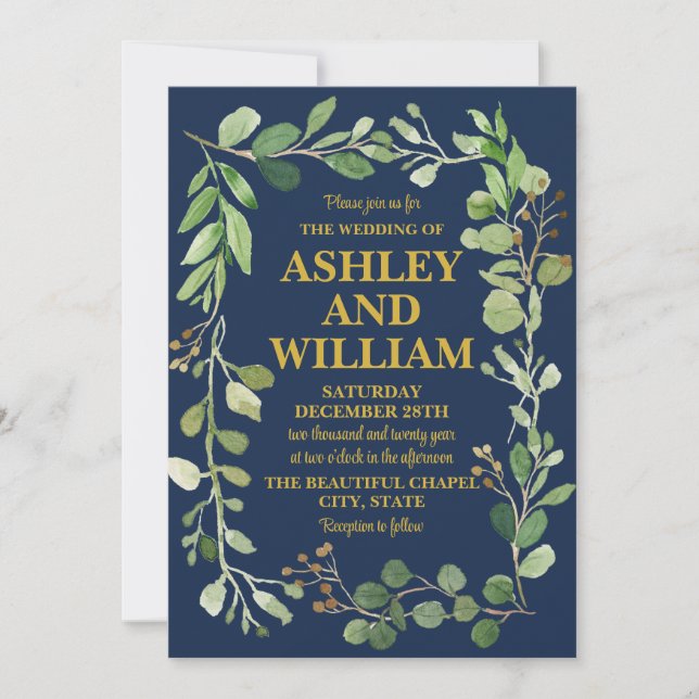 Navy Blue Gold Chic Greenery Boho Bohemian Wedding Invitation (Front)