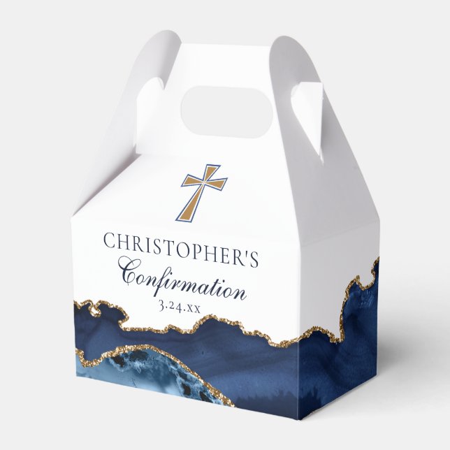 Navy Blue Gold Christian Cross Confirmation Party Favour Box (Front Side)
