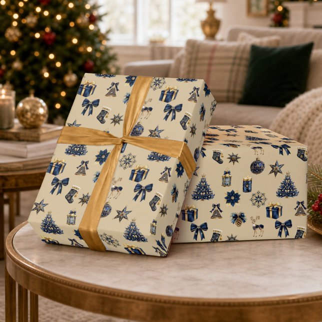 Navy Blue Gold Christmas Pattern Wrapping Paper (Creator Uploaded)