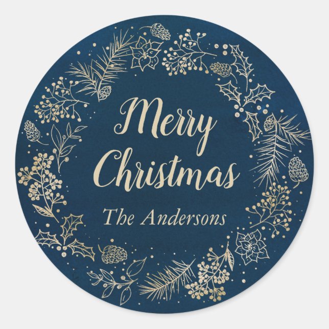 Navy Blue & Gold Christmas Wreath Holiday Classic Round Sticker (Front)