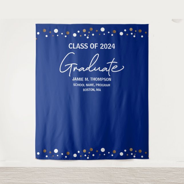 Navy Blue Gold Class of 2024 backdrop graduation Tapestry (Front)