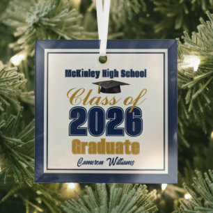 Navy Blue Gold Class of 2026 Graduation Glass Tree Decoration