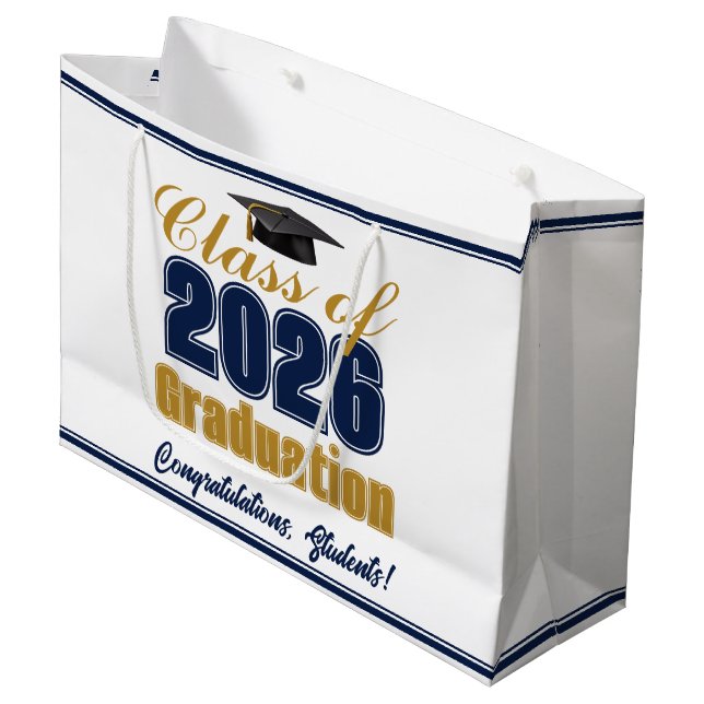 Navy Blue Gold Class of 2026 Graduation Party Large Gift Bag (Front Angled)